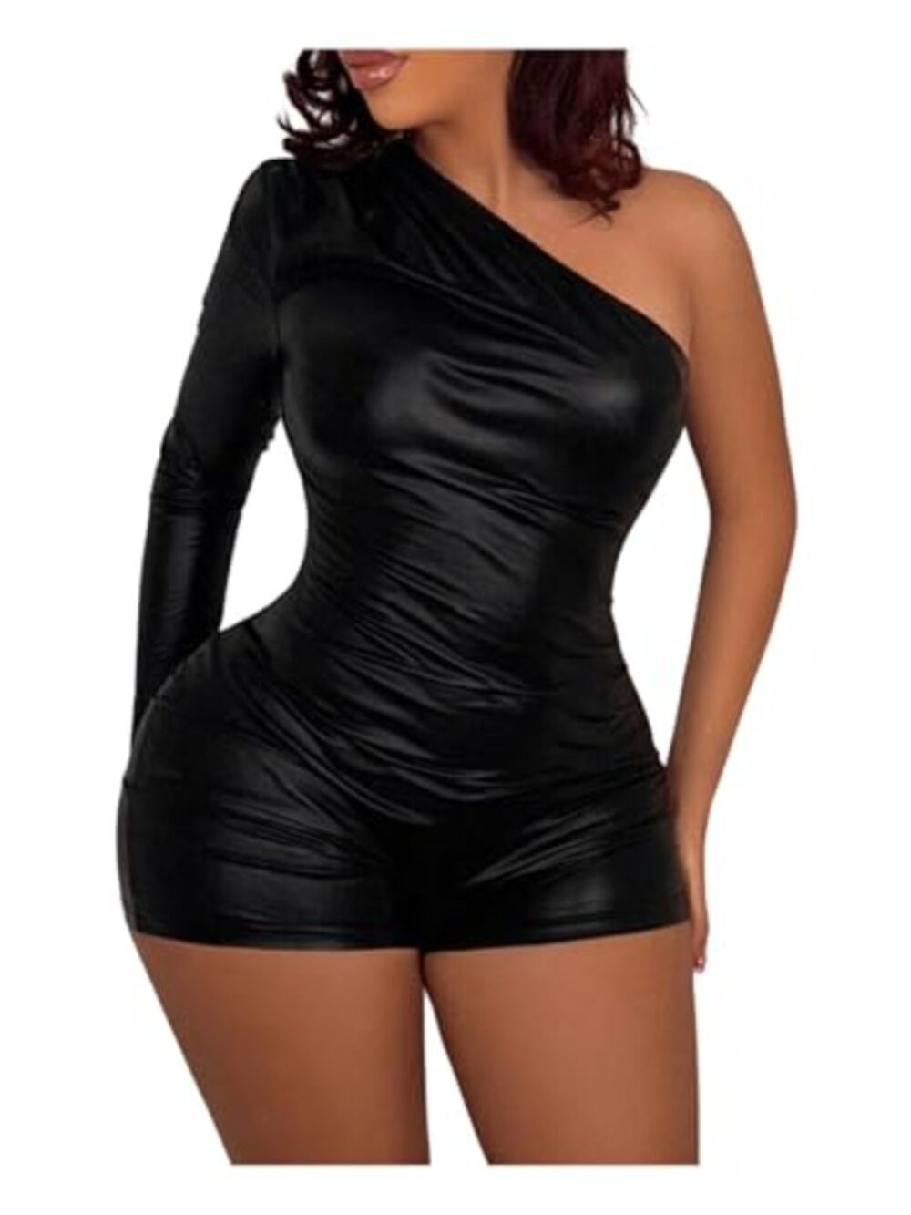Faux Leather One Shoulder Bodycon Romper Ruched Party Jumpsuit Shorts
